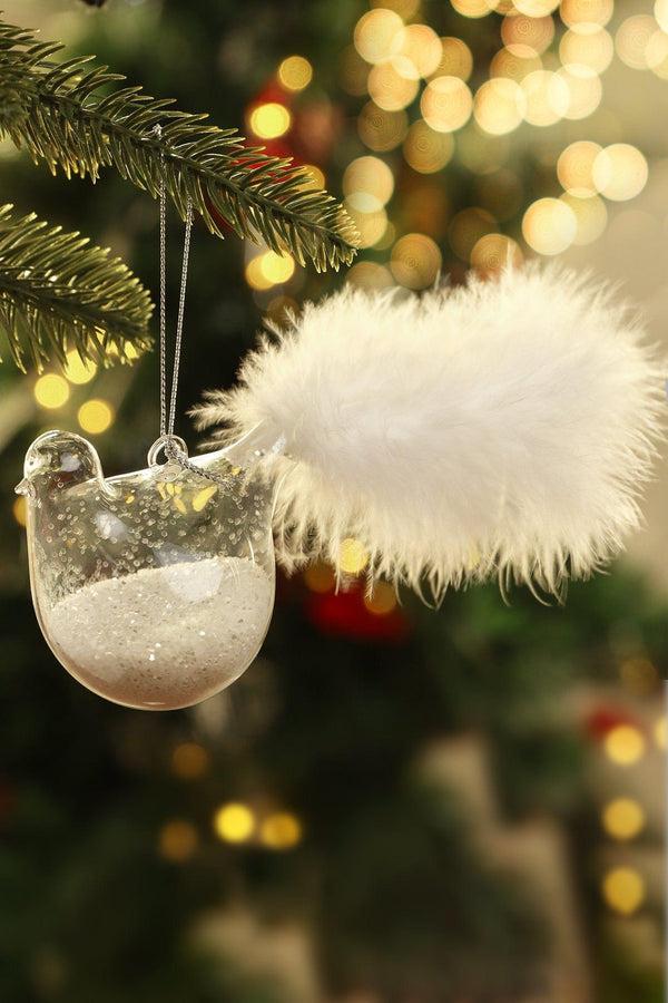 G Decor Set Of 2 Hand-Blown Glass Dove Pair Birds Christmas Tree Decorations With White Feather Tails & Snow Filled Detail White