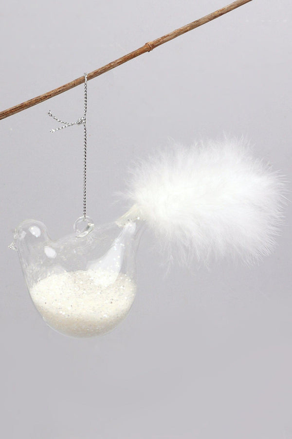 G Decor Set Of 2 Hand-Blown Glass Dove Pair Birds Christmas Tree Decorations With White Feather Tails & Snow Filled Detail White