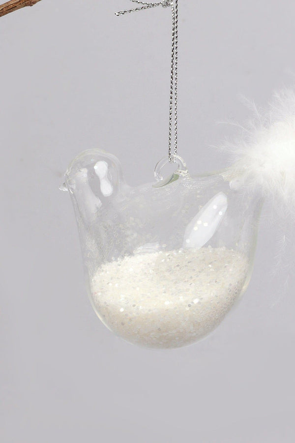 G Decor Set Of 2 Hand-Blown Glass Dove Pair Birds Christmas Tree Decorations With White Feather Tails & Snow Filled Detail White