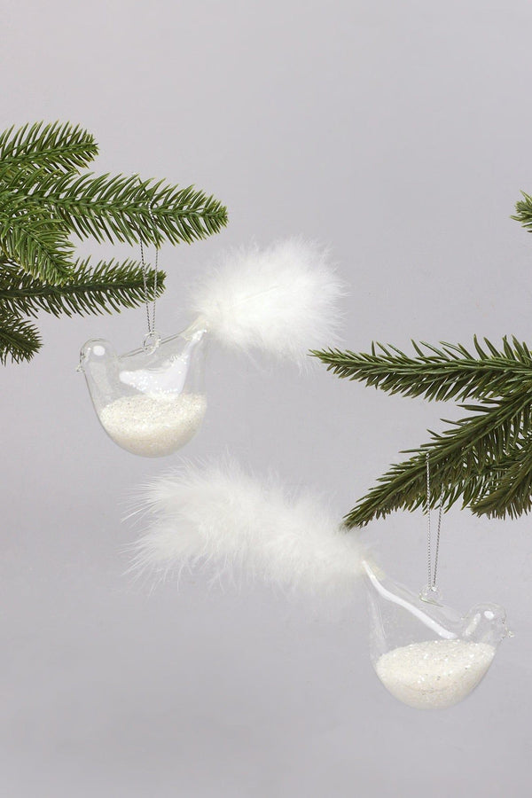G Decor Set Of 2 Hand-Blown Glass Dove Pair Birds Christmas Tree Decorations With White Feather Tails & Snow Filled Detail White
