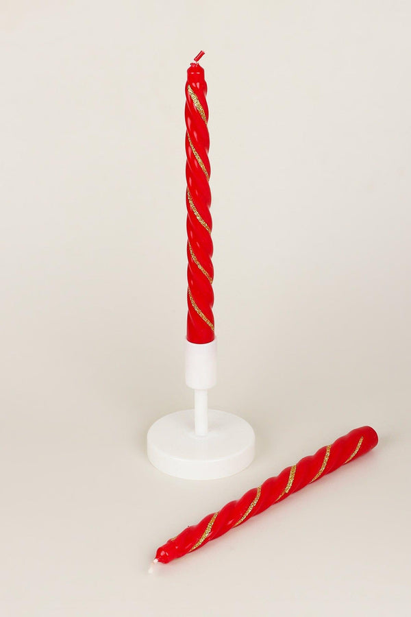 g decor Set of 2 Handmade Maison Dorée Scarlet Red Spiral Glitter Stripe Dinner & Taper Candles Red