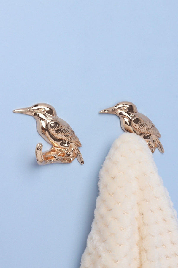 g decor Set of 2 Kingfisher Gold Wall Hooks Sculpted Bird Coat & Towel Holders Gold