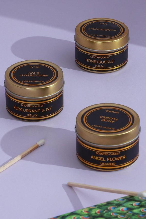 G Decor Set Of 3 Scented Black Tin Candles Angel Flower Honeysuckle & Redcurrant Ivy Relax Unwind & Calm Collection Black