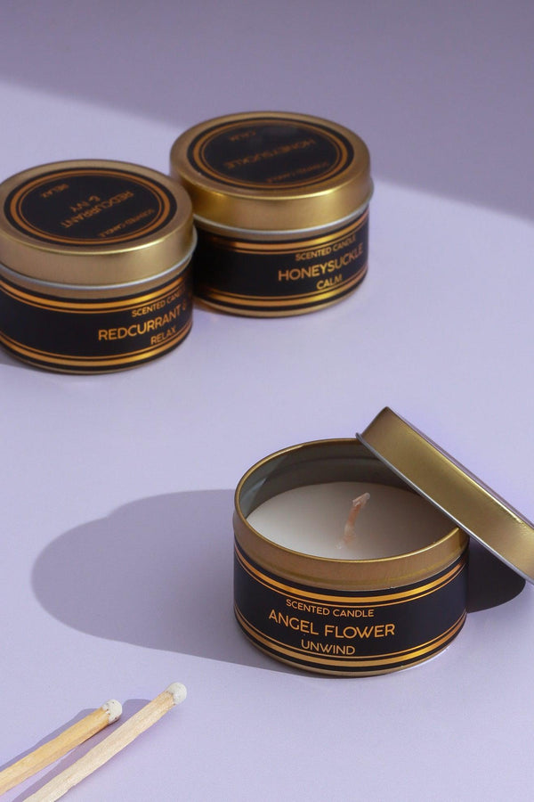 g decor Set of 3 Scented Black Tin Candles Angel Flower Honeysuckle & Redcurrant Ivy Relax Unwind & Calm Collection Black