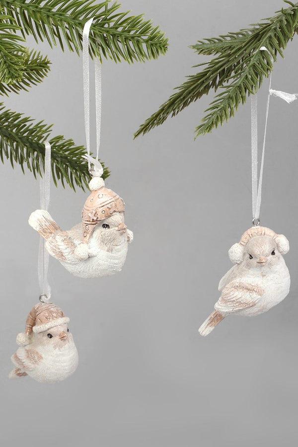 g decor Set of 3 Winter Feathered Trio Christmas Tree Decorations Birds with Cosy Hats & Earmuffs White