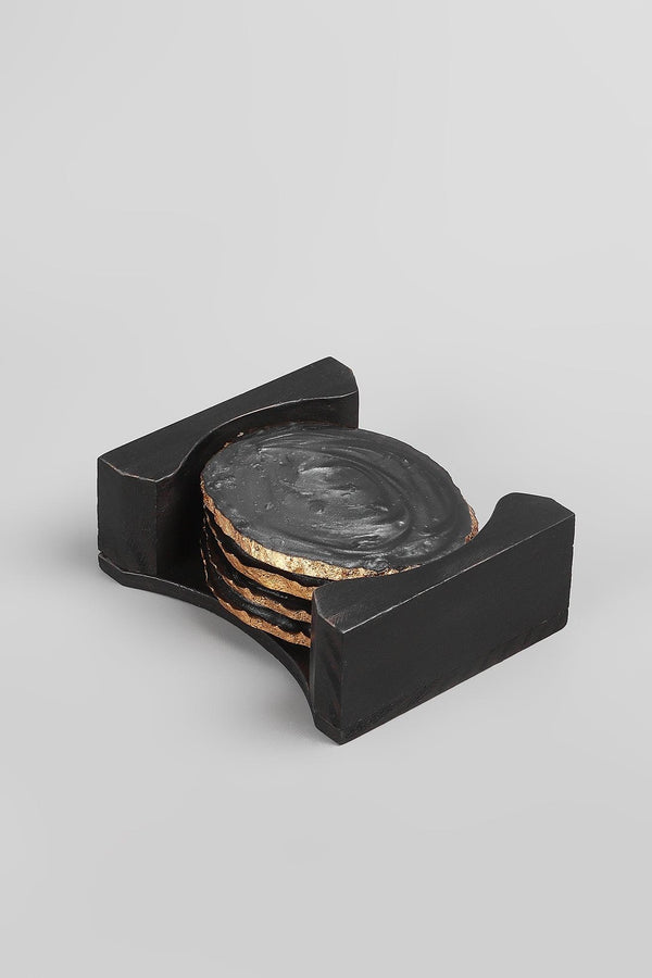 g decor Set of 4 Black Agate-Inspired Coasters Irregular Black & Gold Coasters With Holder Black