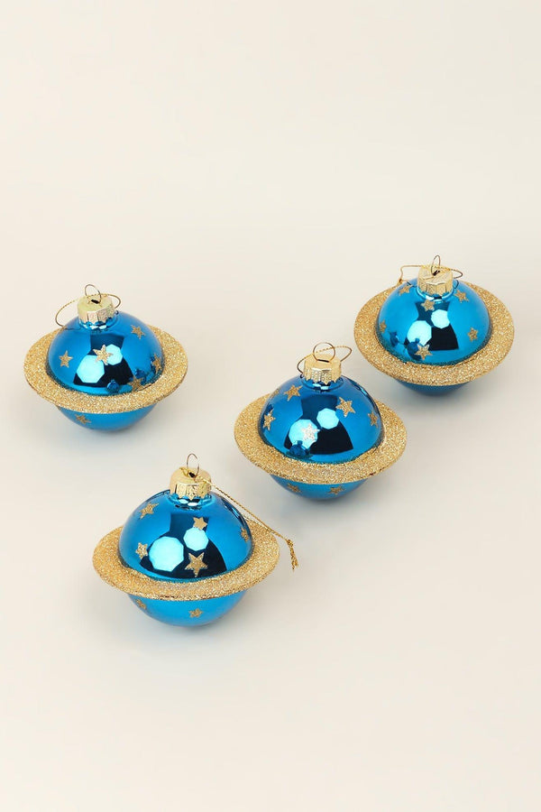 G Decor Set Of 4 Blue And Gold Glass Planet Christmas Tree Baubles