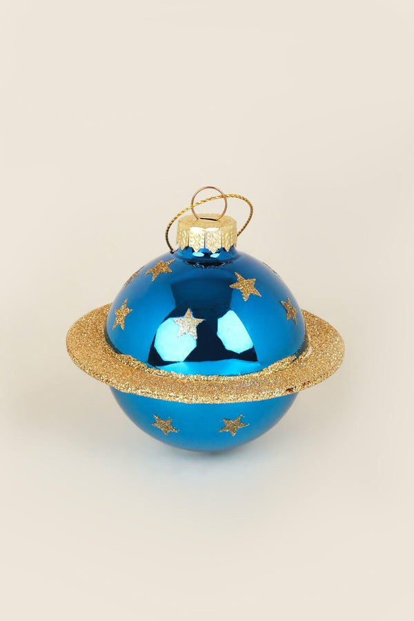 G Decor Set Of 4 Blue And Gold Glass Planet Christmas Tree Baubles