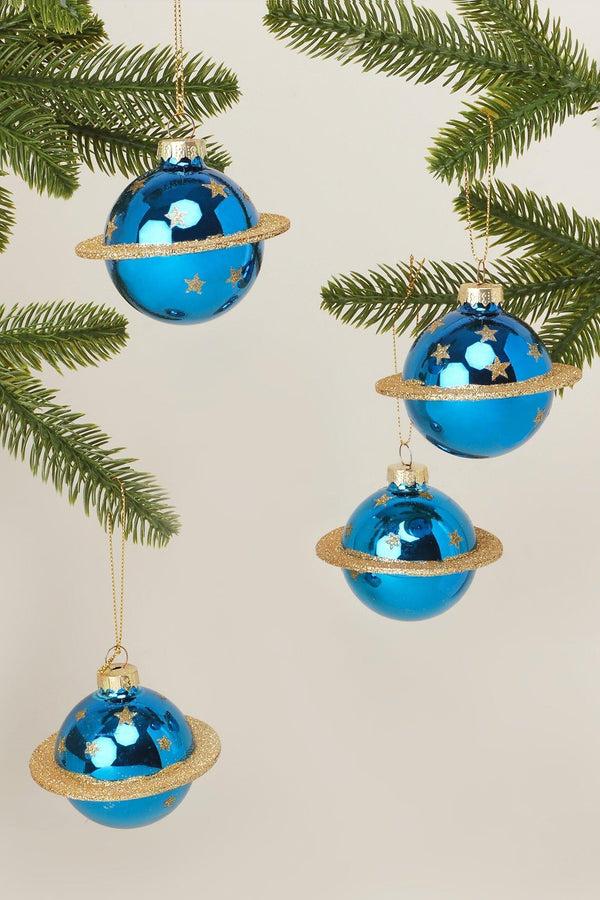 g decor Set of 4 Blue and Gold Glass Planet Christmas Tree Baubles