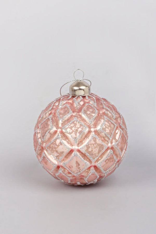 G Decor Set Of 4 Hand-Painted Glass Blush Pink Mercury Effect Baubles Antique Rose Pink Christmas Tree Decorations With Silver Glitter Pattern Pink