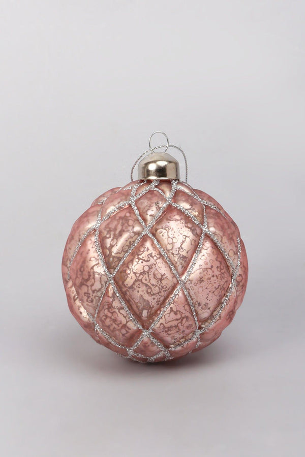 G Decor Set Of 4 Hand-Painted Glass Blush Pink Mercury Effect Baubles Antique Rose Pink Christmas Tree Decorations With Silver Glitter Pattern Pink
