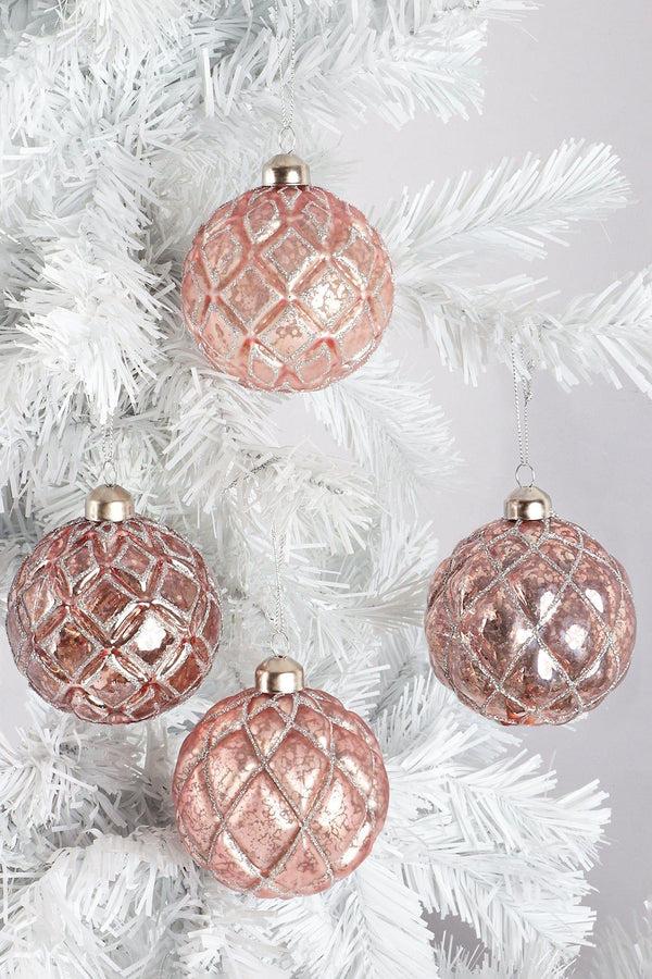 g decor Set of 4 Hand-Painted Glass Blush Pink Mercury Effect Baubles Antique Rose Pink Christmas Tree Decorations with Silver Glitter Pattern Pink