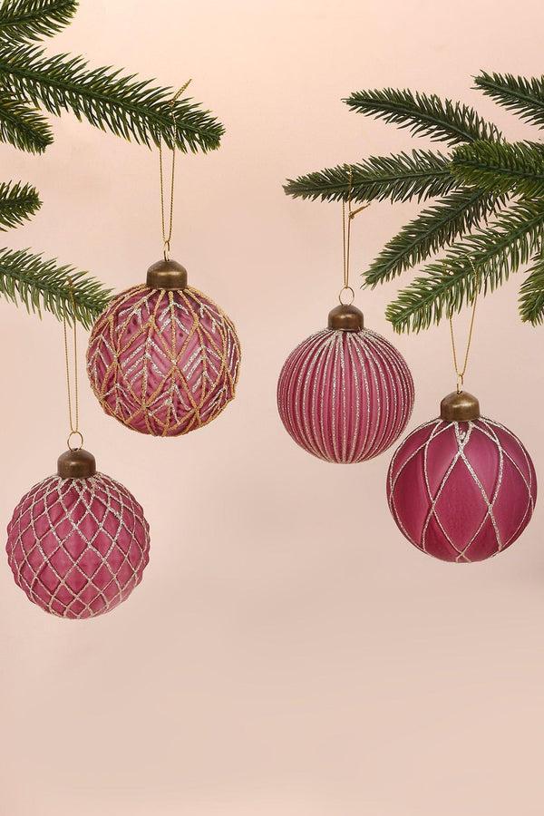 G Decor Set Of 4 Hand-Painted Glass Rich Pink Plum Glass Christmas Tree Baubles With Gold And Silver Glitter Hanging Ornaments Pink
