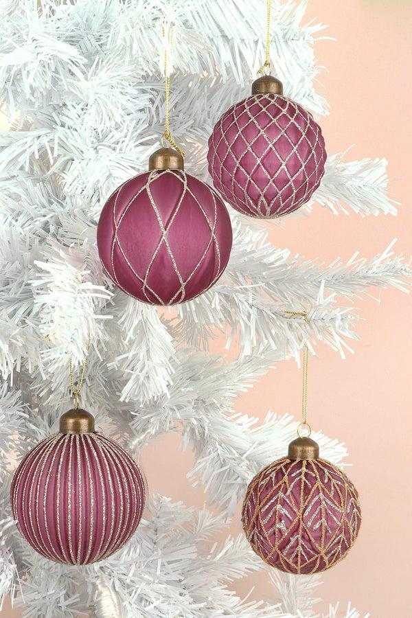 g decor Set of 4 Hand-Painted Glass Rich Pink Plum Glass Christmas Tree Baubles with Gold and Silver Glitter Hanging Ornaments Pink