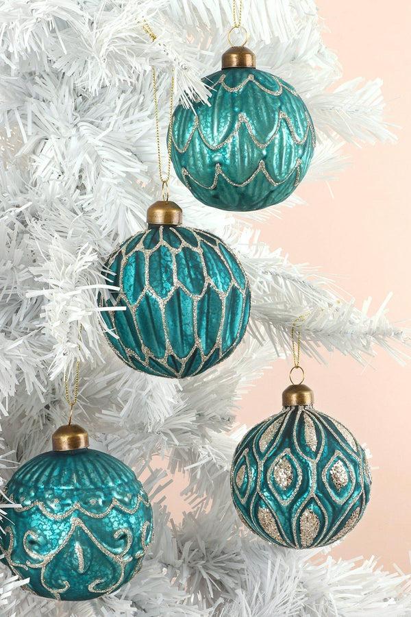 G Decor Set Of 4 Hand-Painted Glass Turquoise Jubilee Glass Baubles With Silver Detailing Christmas Ornaments Blue