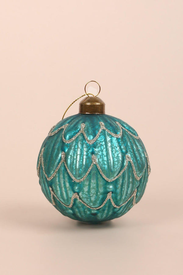 G Decor Set Of 4 Hand-Painted Glass Turquoise Jubilee Glass Baubles With Silver Detailing Christmas Ornaments Blue