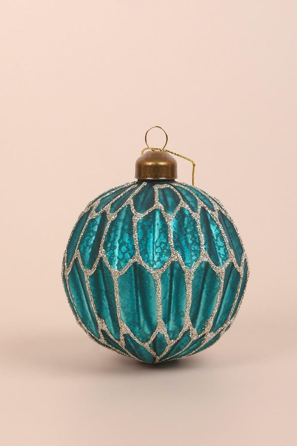 G Decor Set Of 4 Hand-Painted Glass Turquoise Jubilee Glass Baubles With Silver Detailing Christmas Ornaments Blue