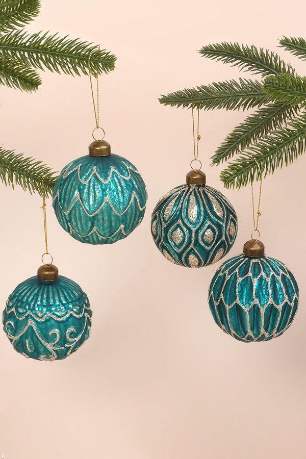 g decor Set of 4 Hand-Painted Glass Turquoise Jubilee Glass Baubles With Silver Detailing Christmas Ornaments Blue