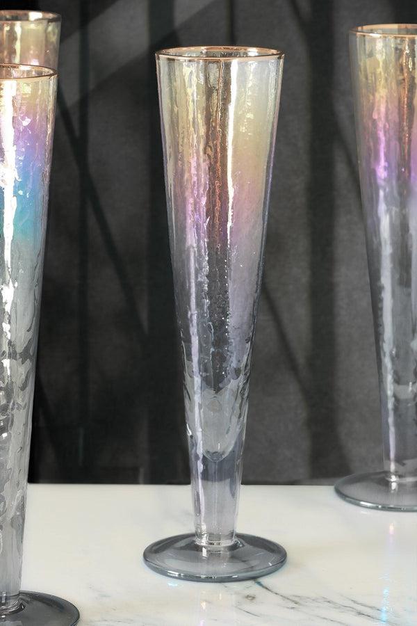 G Decor Set Of 4 Handmade Iridescent Grey Hammered Champagne Flutes With Gold Rim Set Of 4