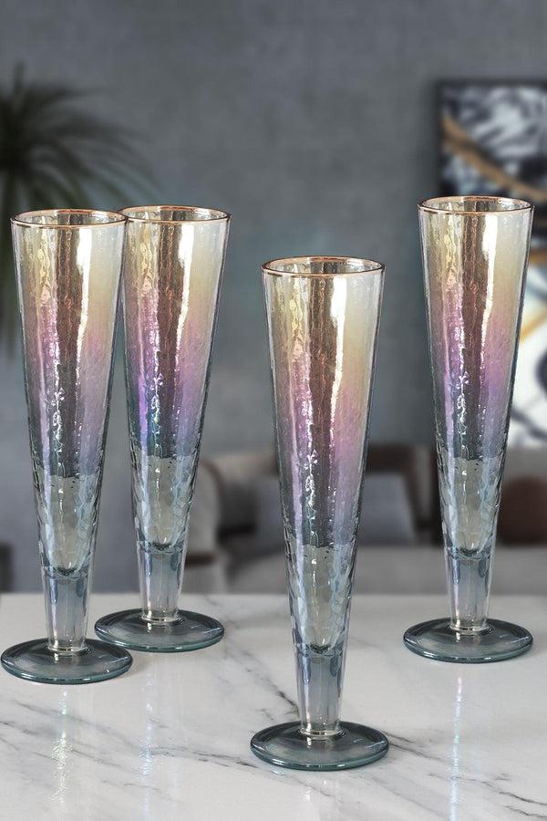 g decor Set of 4 Handmade Iridescent Grey Hammered Champagne Flutes with Gold Rim Set of 4