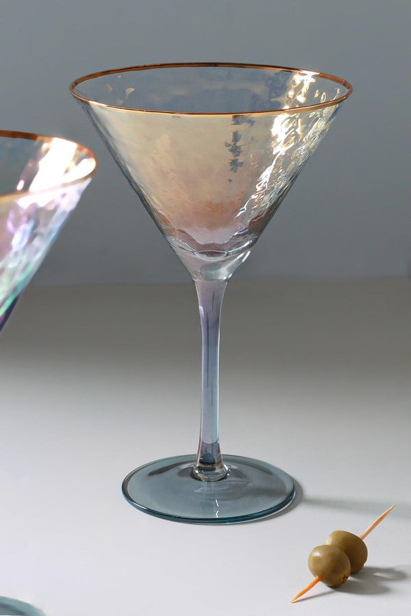 G Decor Set Of 4 Handmade Iridescent Grey Hammered Martini & Cocktail Glasses With Gold Rim Set Of 4