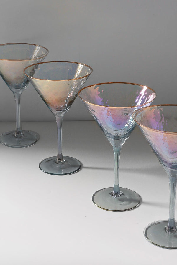 g decor Set of 4 Handmade Iridescent Grey Hammered Martini & Cocktail Glasses with Gold Rim Set of 4