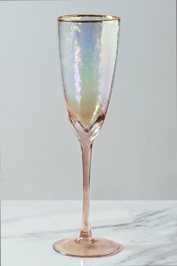 G Decor Set Of 4 Handmade Iridescent Pearl Hammered Champagne Flutes With Gold Rim Set Of 4