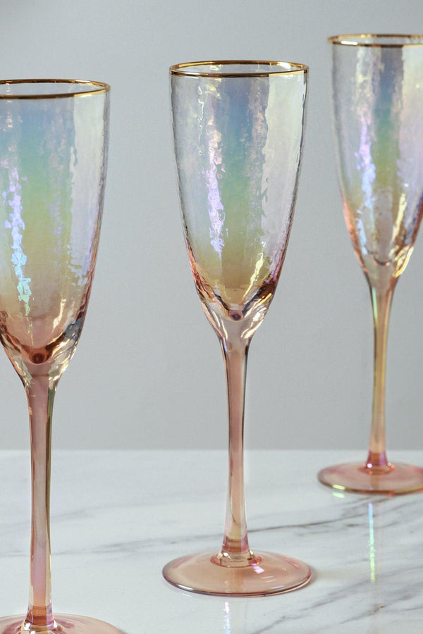 G Decor Set Of 4 Handmade Iridescent Pearl Hammered Champagne Flutes With Gold Rim Set Of 4
