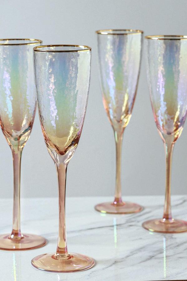 g decor Set of 4 Handmade Iridescent Pearl Hammered Champagne Flutes with Gold Rim Set of 4