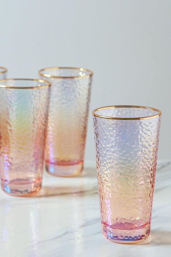 g decor Set of 4 Handmade Iridescent Pearl Hammered Tumbler Glasses with Gold Rim Set of 4