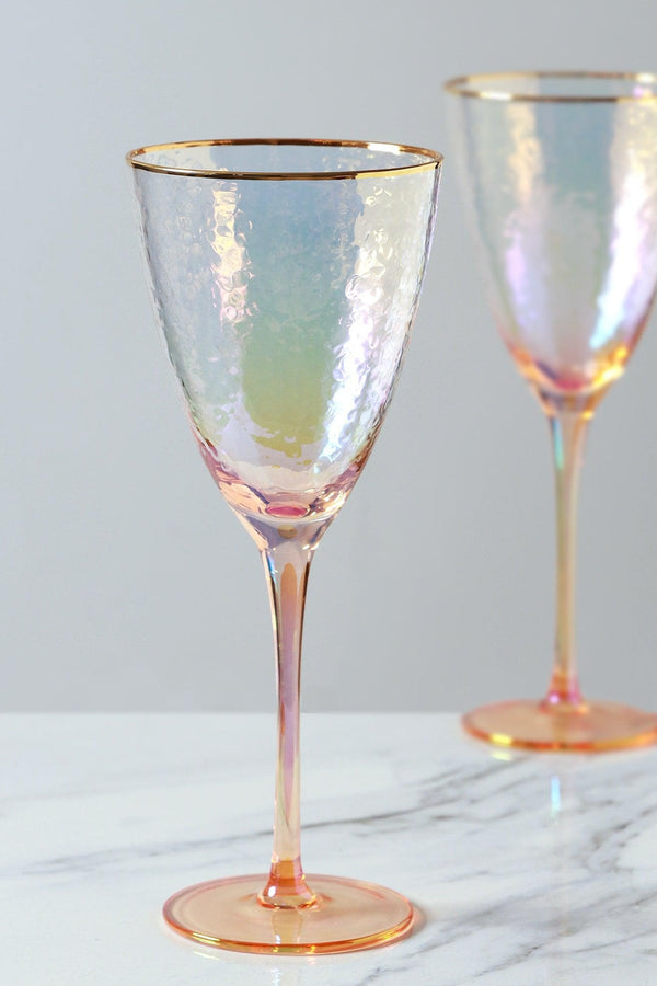 G Decor Set Of 4 Handmade Iridescent Pearl Hammered Wine Glasses With Gold Rim Set Of 4