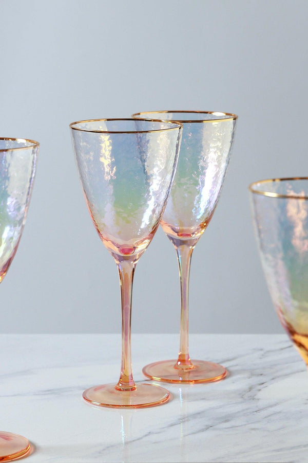 G Decor Set Of 4 Handmade Iridescent Pearl Hammered Wine Glasses With Gold Rim Set Of 4