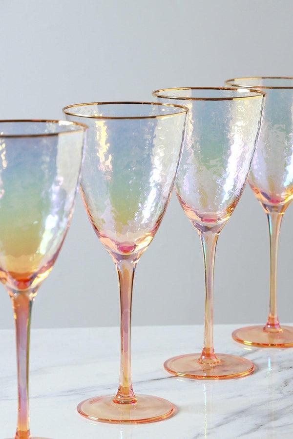 g decor Set of 4 Handmade Iridescent Pearl Hammered Wine Glasses with Gold Rim Set of 4