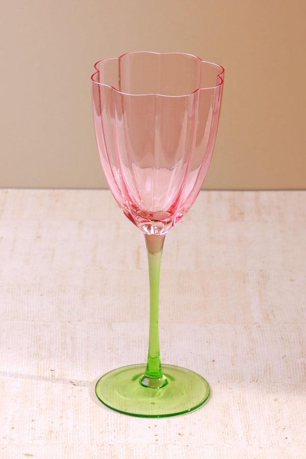 G Decor Set Of 4 Laurent Wine Glasses Pink & Green Stem Fluted Water And Wine Goblets Set Of 4
