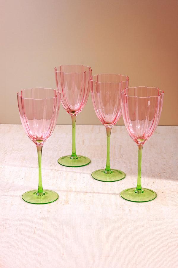 g decor Set of 4 Laurent Wine Glasses Pink & Green Stem Fluted Water and Wine Goblets Set of 4