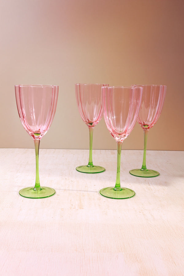 G Decor Set Of 4 Laurent Wine Glasses Pink & Green Stem Fluted Water And Wine Goblets Set Of 4