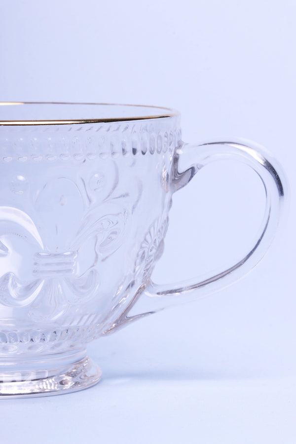 G Decor Set Of 4 Marcelle Fleur-de-Lis Glass Mugs Embossed Cups With Gold Rim Clear