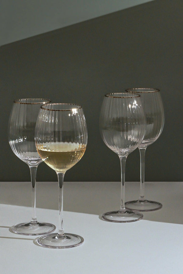 G Decor Set Of 4 Subtle Textured Ribbed Wine Glasses With Silver Rim Set Of 4