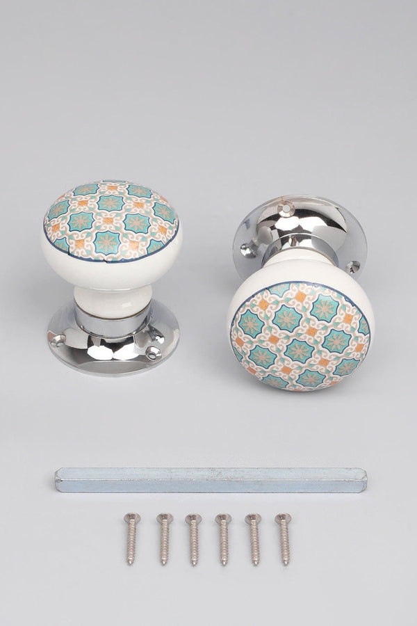 G Decor Set Of Divine Will Ceramic Mortice Door Handles – Patterned Internal Turning Knobs For Bedroom Kitchen & Interior Doors With Chrome Base Green