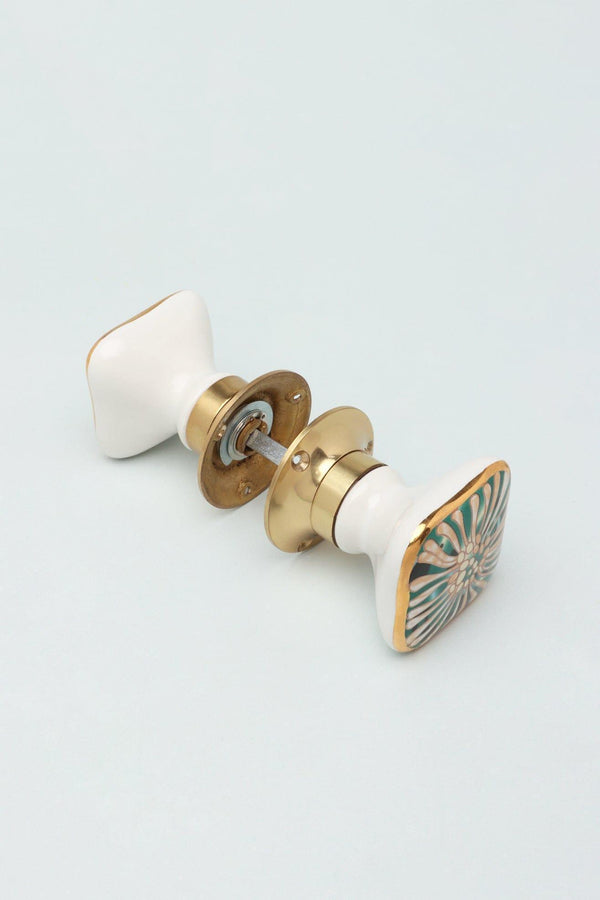 G Decor Set Of Milano Signature Handcrafted & Hand-Painted Internal Mortice Turning Door Handles – Ceramic Knobs With Brass Base Green