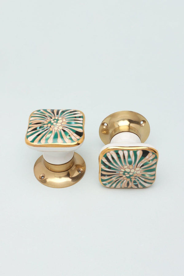 G Decor Set Of Milano Signature Handcrafted & Hand-Painted Internal Mortice Turning Door Handles – Ceramic Knobs With Brass Base Green