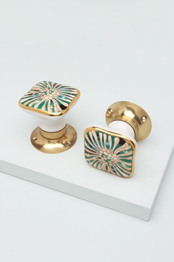 g decor Set of Milano Signature Handcrafted & Hand-Painted Internal Mortice Turning Door Handles – Ceramic Knobs with Brass Base Green