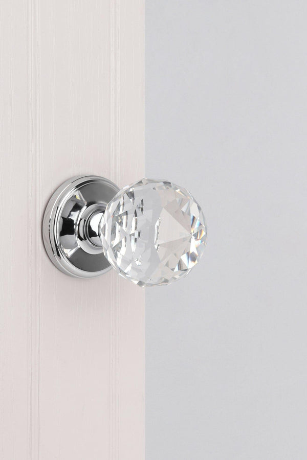 G Decor Set Of Solid Crystal Round Clear Glass Knobs – Internal Mortice Door Handles With Turning Mechanism Suitable For Bedroom Entry & Room Doors With Chrome Base Clear