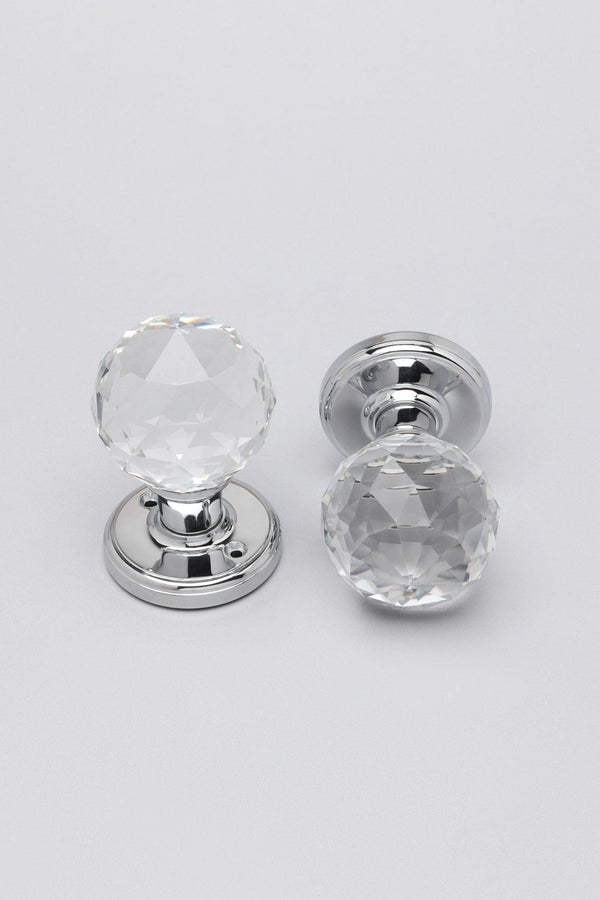 G Decor Set Of Solid Crystal Round Clear Glass Knobs – Internal Mortice Door Handles With Turning Mechanism Suitable For Bedroom Entry & Room Doors With Chrome Base Clear