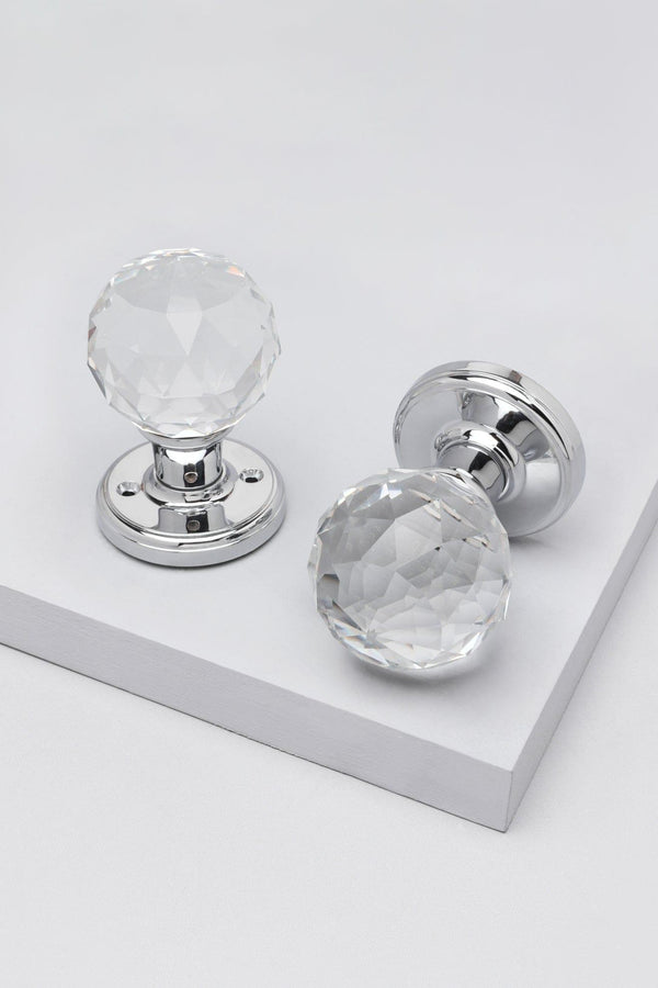 g decor Set of Solid Crystal Round Clear Glass Knobs – Internal Mortice Door Handles with Turning Mechanism Suitable for Bedroom Entry & Room Doors with Chrome Base Clear