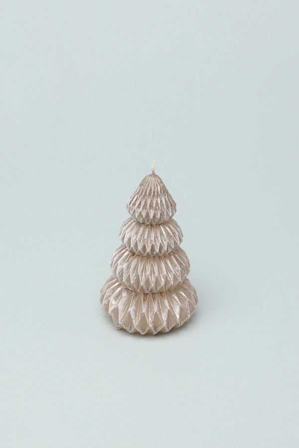 G Decor Snowy Glow Hand-Finished Christmas Tree Candle In Taupe Beige With Gold Sheen Small