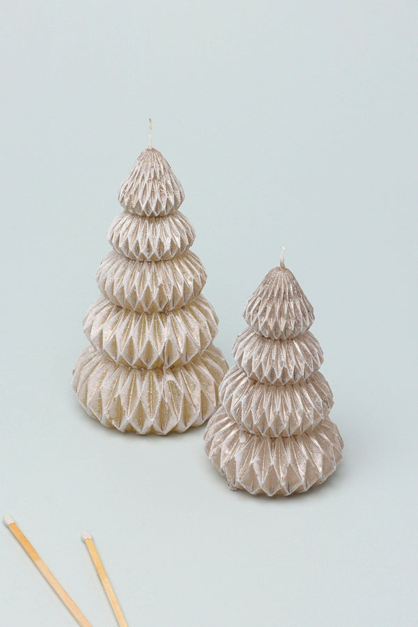 g decor Snowy Glow Hand-Finished Christmas Tree Candle in Taupe Beige with Gold Sheen Small