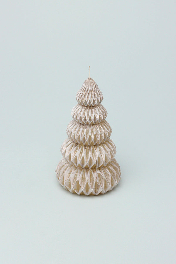 G Decor Snowy Glow Hand-Finished Christmas Tree Candle In Taupe Beige With Gold Sheen Small