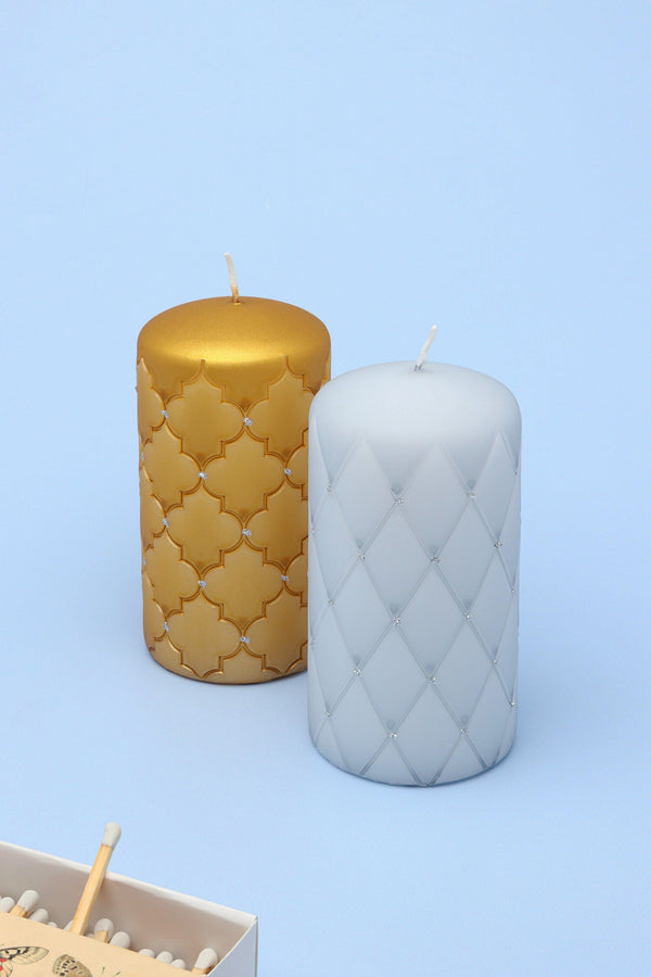 g decor Spark Glitter Elegant Blue Gold Grey Pillar Candle
