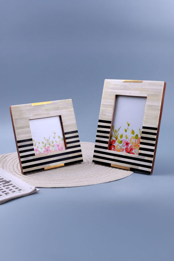 g decor The Blackline Edit Handcrafted Horn Bone & Brass Photo Frame Monochrome Stripe Picture Display Small